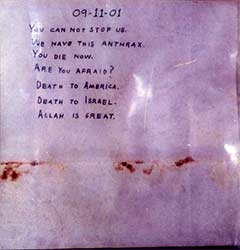 Photo of anthrax  letter sent to Senators Daschle and Leahy