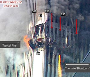 Click to view thermite pouring from corner of south tower thumb