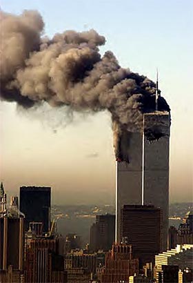 Click to view twin towers burning in distance thumb